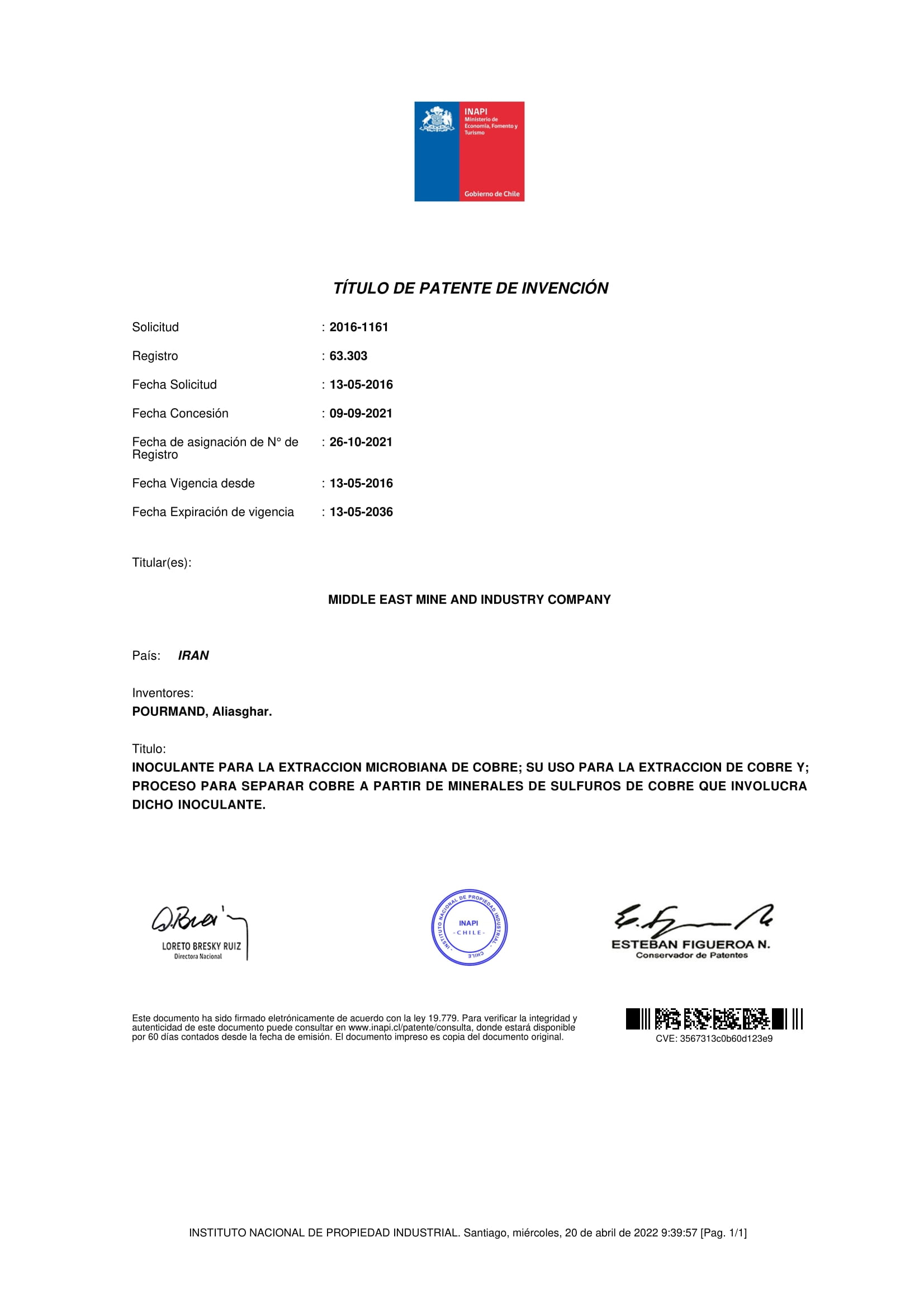 Chilean Patent Certificate