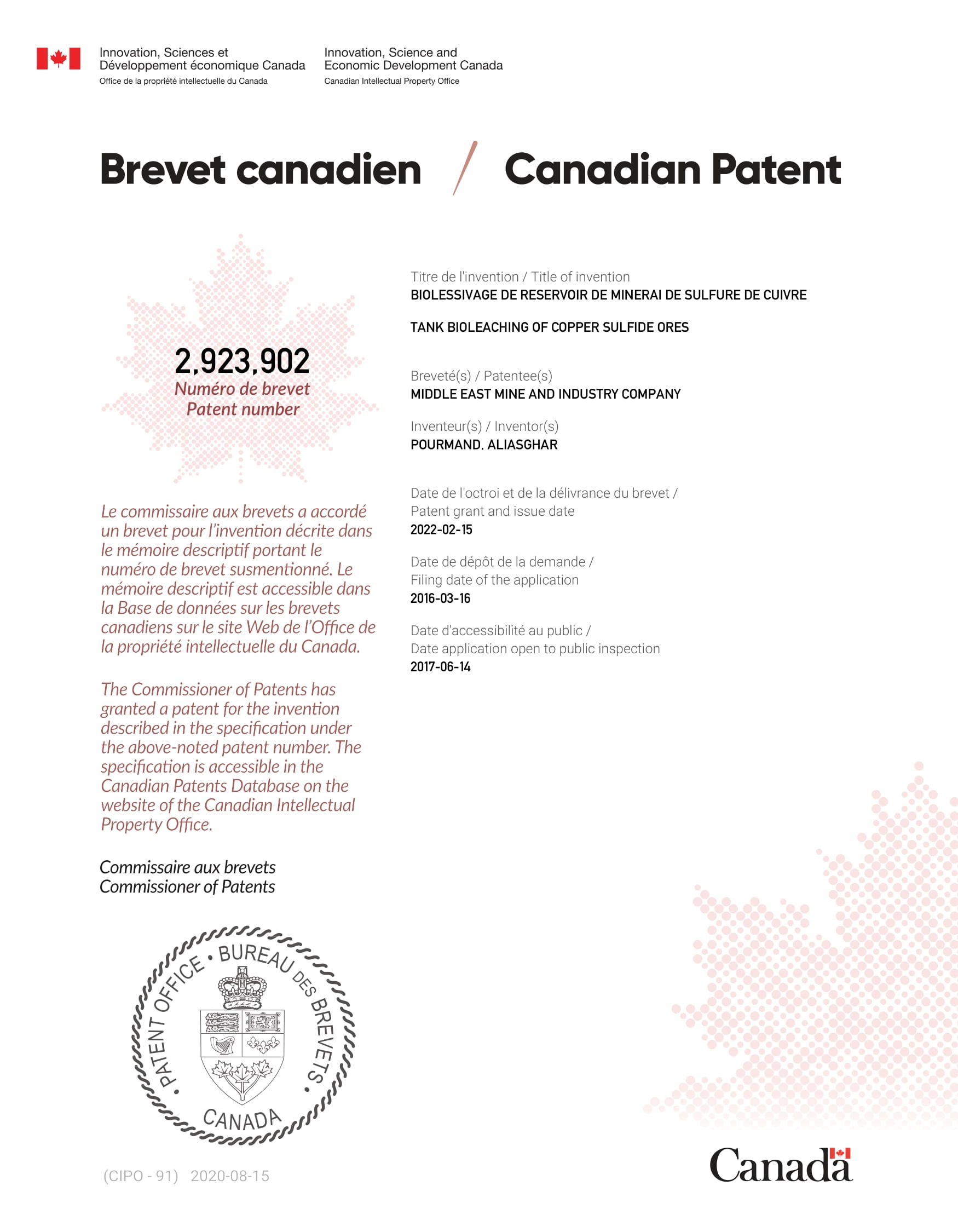 Canadian Patent Certificate